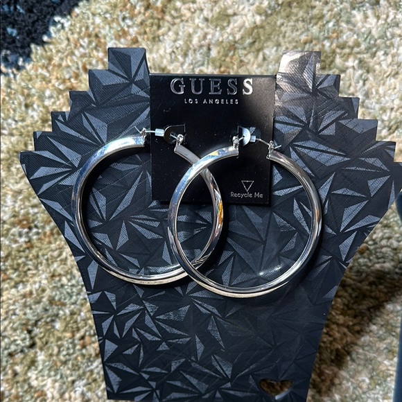 Guess Silver Statement Hoop Earrings 3 inch Hoop Silver NWT Gifts Silver Hoops - Picture 2 of 7